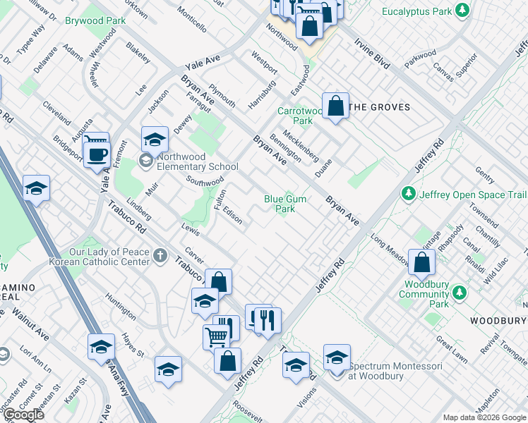 map of restaurants, bars, coffee shops, grocery stores, and more near Aberdeen Street in Irvine
