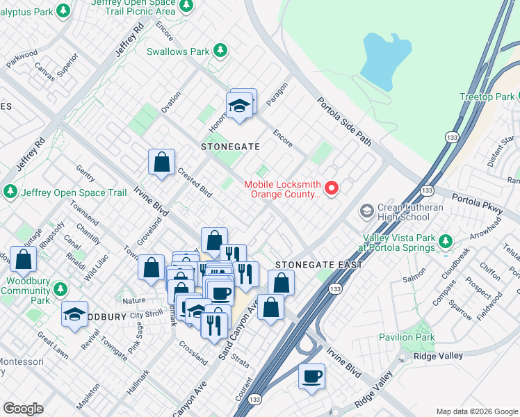 map of restaurants, bars, coffee shops, grocery stores, and more near 37 Oakfield in Irvine
