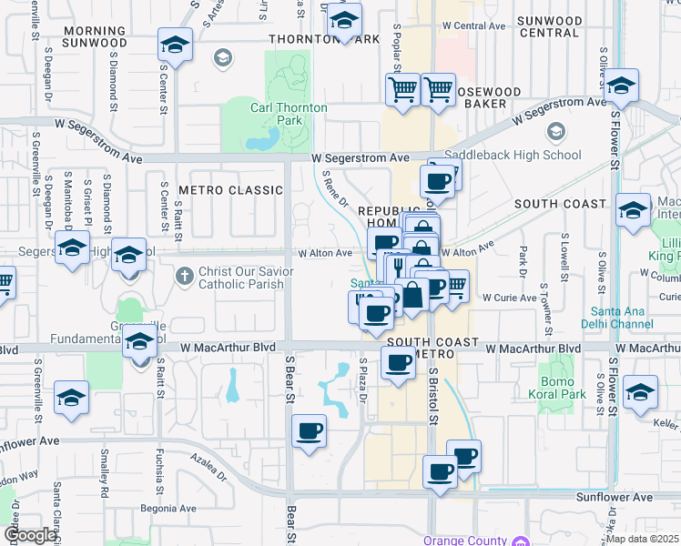 map of restaurants, bars, coffee shops, grocery stores, and more near 3347 S Bear St in Santa Ana