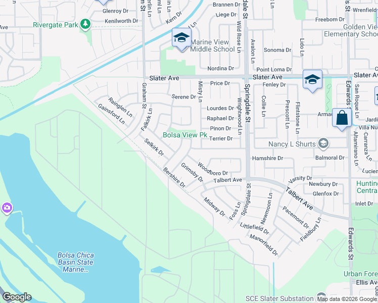 map of restaurants, bars, coffee shops, grocery stores, and more near 17982 Whitford Lane in Huntington Beach