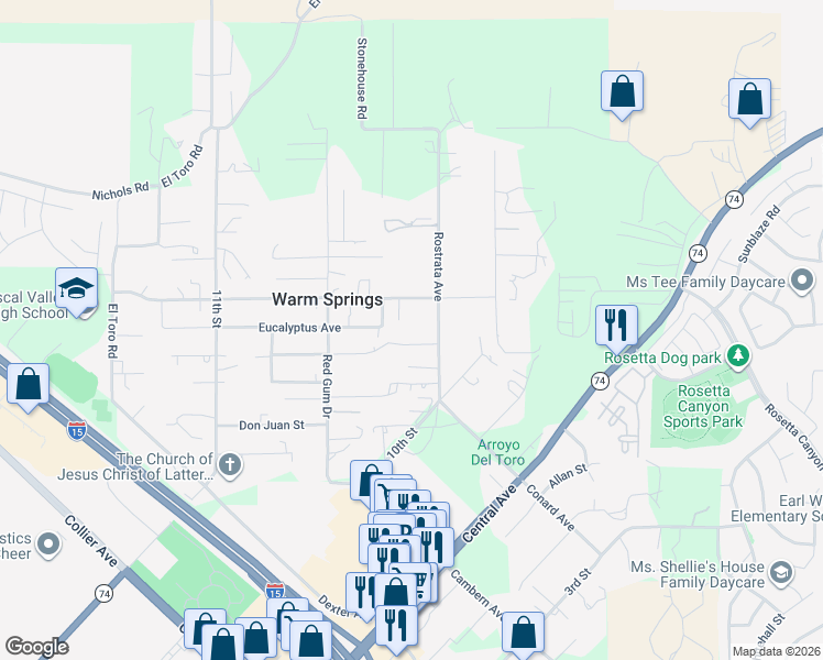 map of restaurants, bars, coffee shops, grocery stores, and more near 28639 Rostrata Avenue in Lake Elsinore