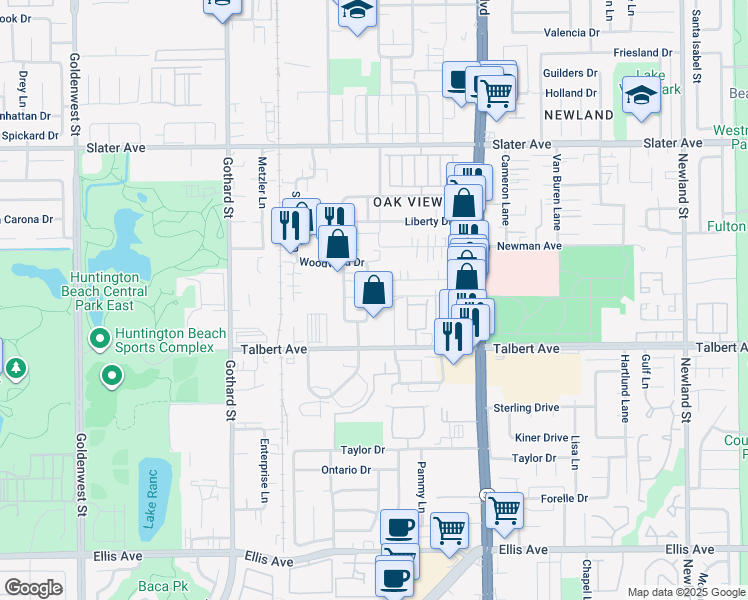 map of restaurants, bars, coffee shops, grocery stores, and more near 7752 Ronald Drive in Huntington Beach