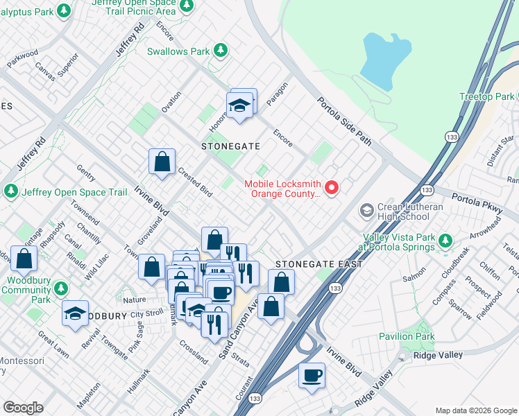 map of restaurants, bars, coffee shops, grocery stores, and more near 37 Oakfield in Irvine