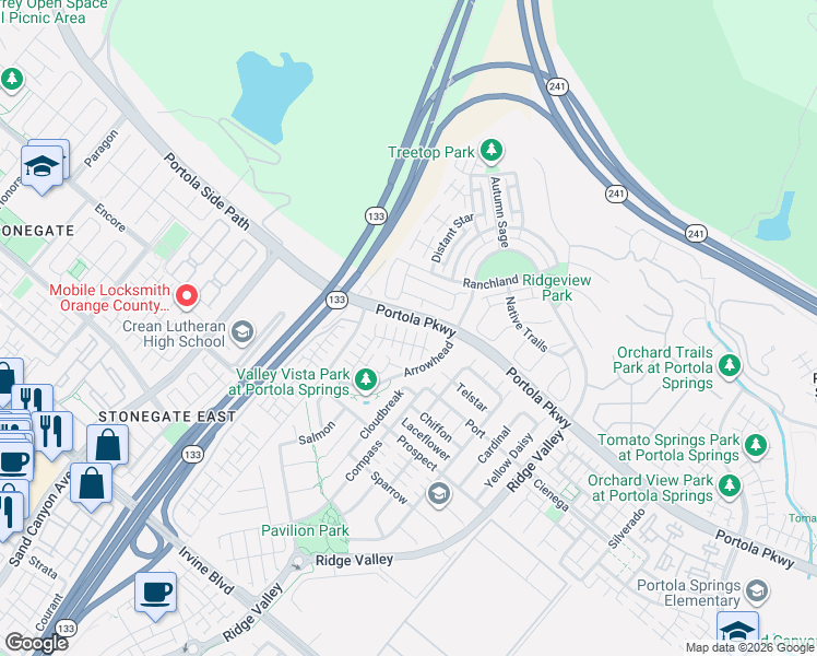 map of restaurants, bars, coffee shops, grocery stores, and more near 22 Seedling in Irvine