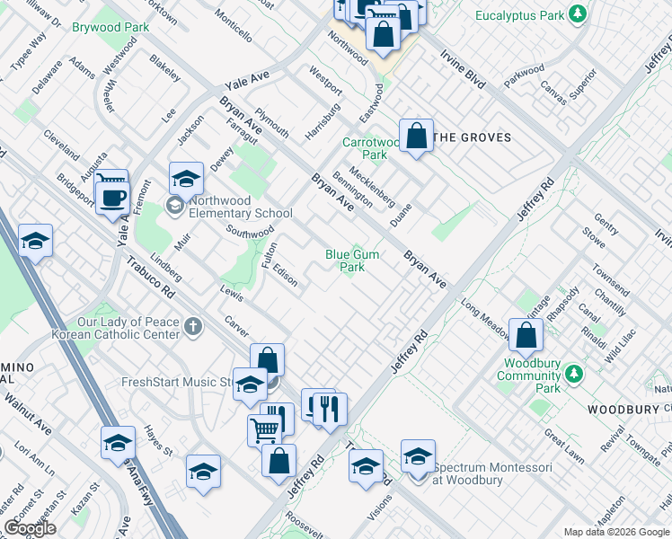 map of restaurants, bars, coffee shops, grocery stores, and more near 4 Columbus in Irvine