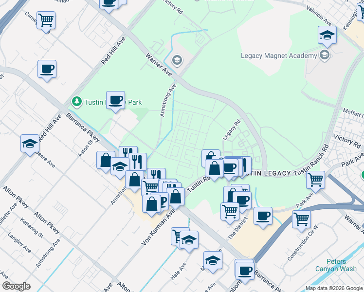 map of restaurants, bars, coffee shops, grocery stores, and more near Tustin Ranch in Irvine