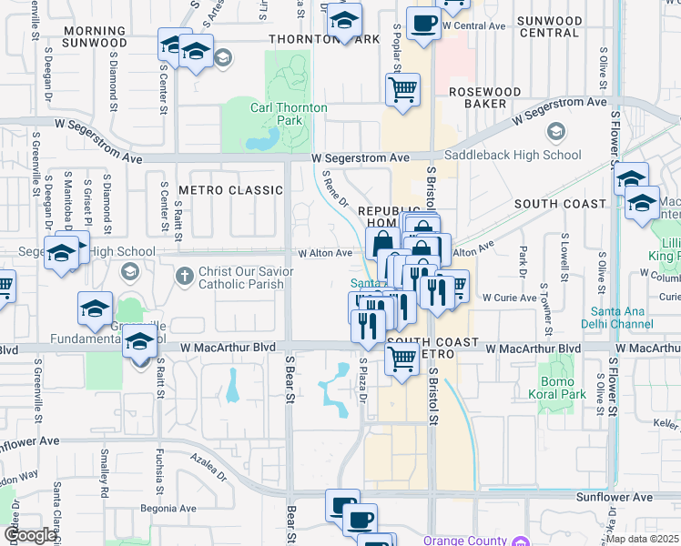 map of restaurants, bars, coffee shops, grocery stores, and more near 3347 South Bear Street in Santa Ana