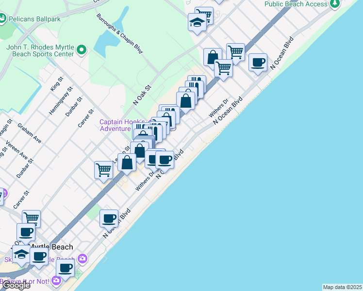map of restaurants, bars, coffee shops, grocery stores, and more near 2313 Withers Drive in Myrtle Beach
