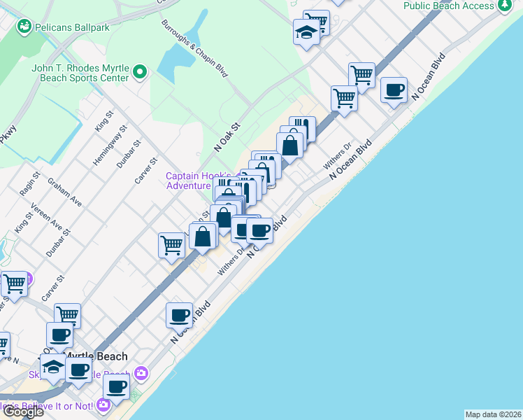 map of restaurants, bars, coffee shops, grocery stores, and more near 2300 North Kings Highway in Myrtle Beach