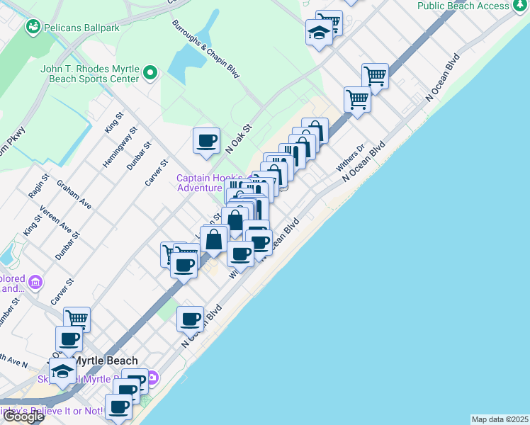 map of restaurants, bars, coffee shops, grocery stores, and more near 2300 North Kings Highway in Myrtle Beach