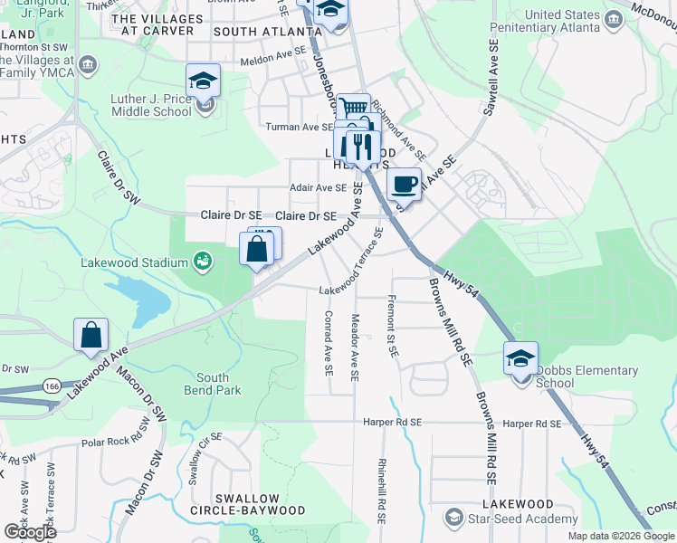 map of restaurants, bars, coffee shops, grocery stores, and more near 1887 Lakewood Terrace Southeast in Atlanta