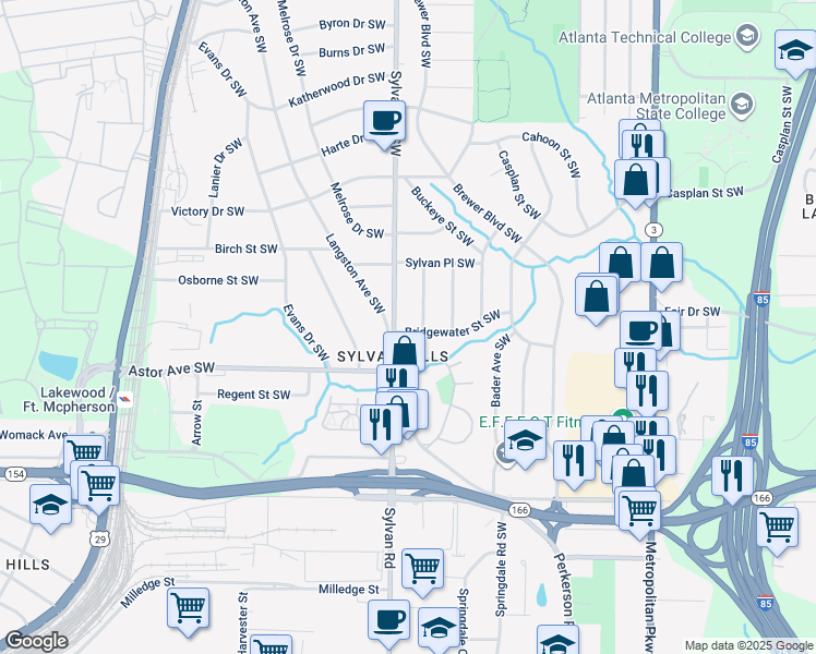 map of restaurants, bars, coffee shops, grocery stores, and more near 1884 Brandywine Street Southwest in Atlanta