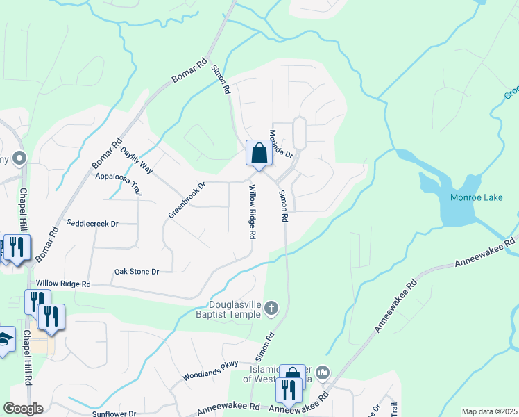 map of restaurants, bars, coffee shops, grocery stores, and more near 3785 Willow Ridge Road in Douglasville