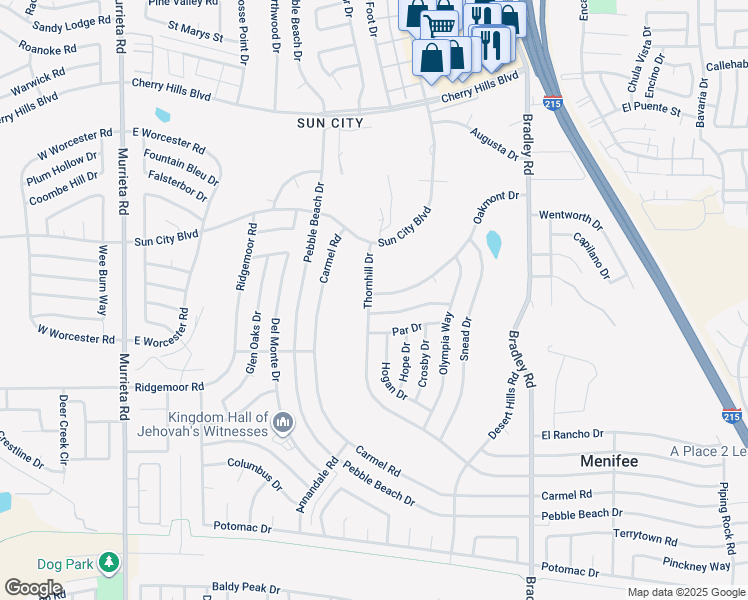 map of restaurants, bars, coffee shops, grocery stores, and more near 26621 Oakmont Drive in Menifee