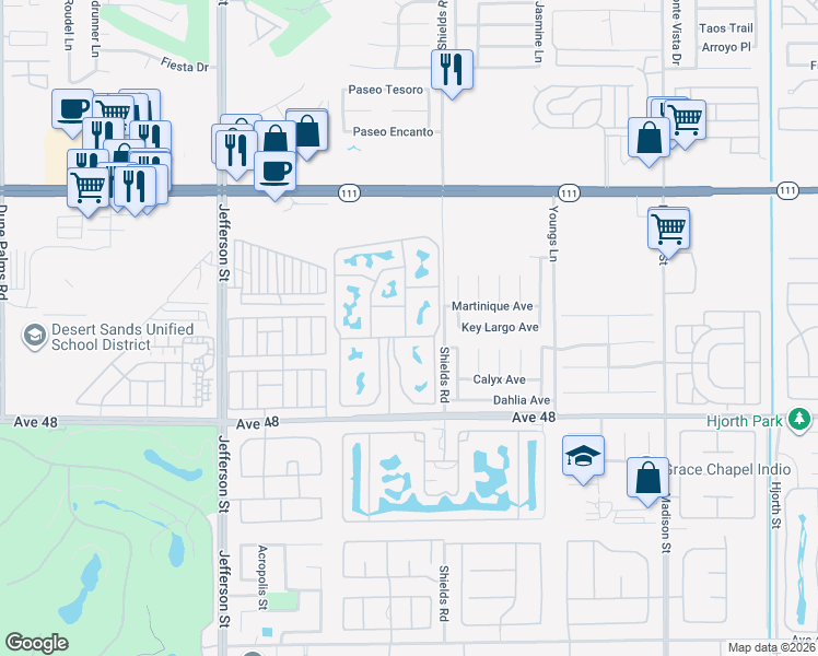 map of restaurants, bars, coffee shops, grocery stores, and more near 80394 Avenue 48 in Indio