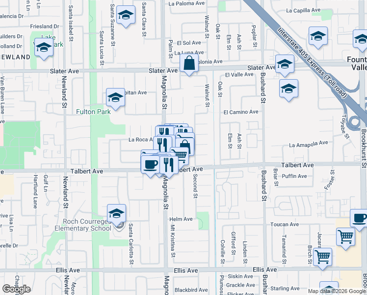 map of restaurants, bars, coffee shops, grocery stores, and more near 17908 Magnolia Street in Fountain Valley