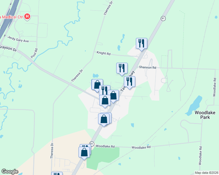 map of restaurants, bars, coffee shops, grocery stores, and more near 4830 Adobe Lane in Denison