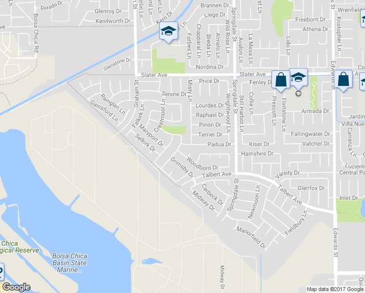 map of restaurants, bars, coffee shops, grocery stores, and more near 5722 Padua Drive in Huntington Beach