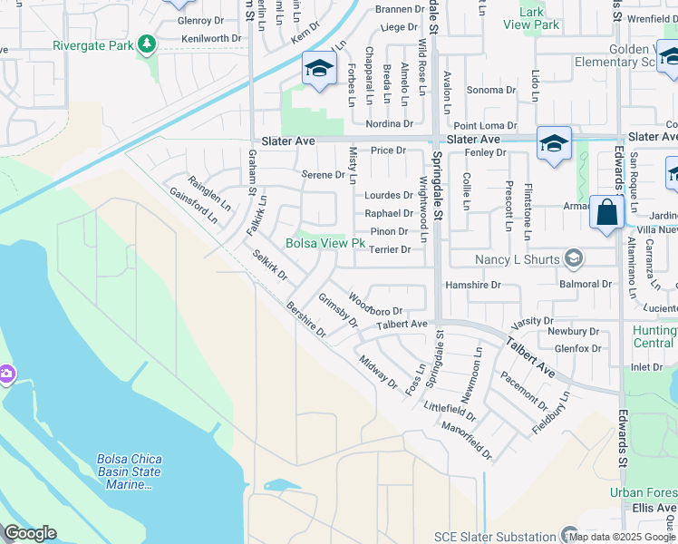 map of restaurants, bars, coffee shops, grocery stores, and more near 5722 Padua Drive in Huntington Beach