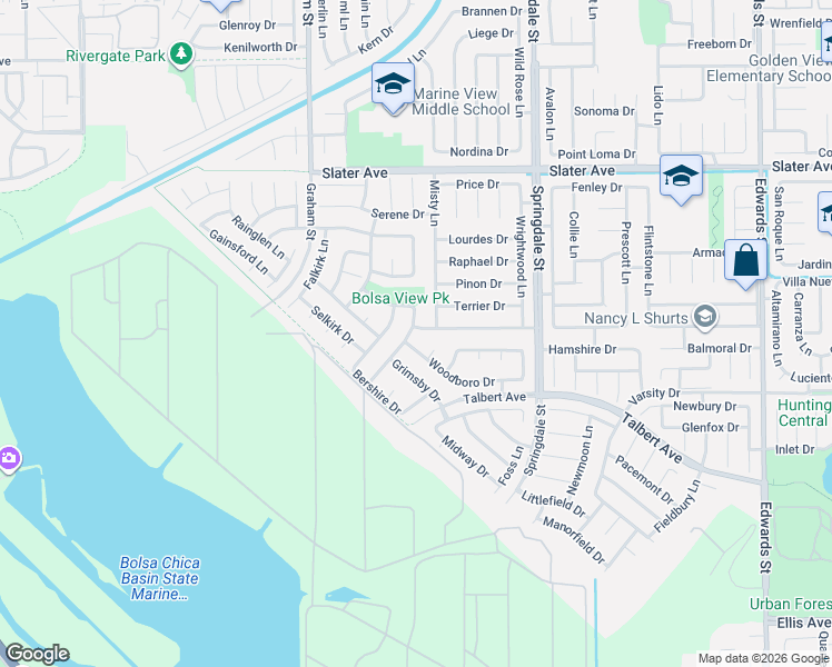 map of restaurants, bars, coffee shops, grocery stores, and more near 5722 Padua Drive in Huntington Beach