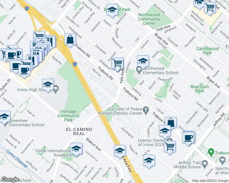 map of restaurants, bars, coffee shops, grocery stores, and more near 178 Monroe in Irvine