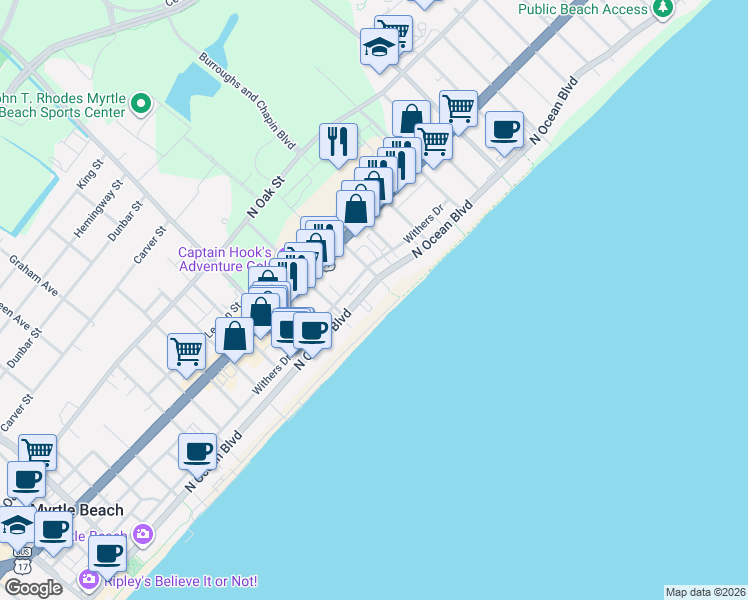 map of restaurants, bars, coffee shops, grocery stores, and more near 2400 North Ocean Boulevard in Myrtle Beach