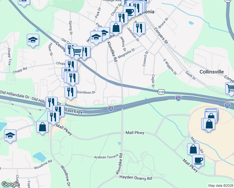 map of restaurants, bars, coffee shops, grocery stores, and more near 7693 Covington Highway in Lithonia