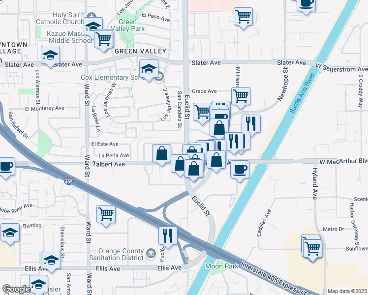 map of restaurants, bars, coffee shops, grocery stores, and more near 10984 Goldeneye Avenue in Fountain Valley
