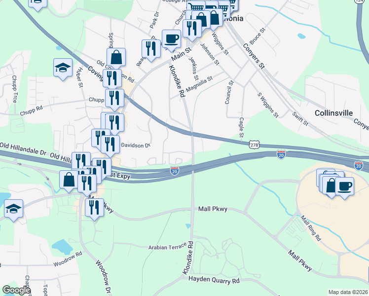 map of restaurants, bars, coffee shops, grocery stores, and more near 7693 Covington Highway in Lithonia