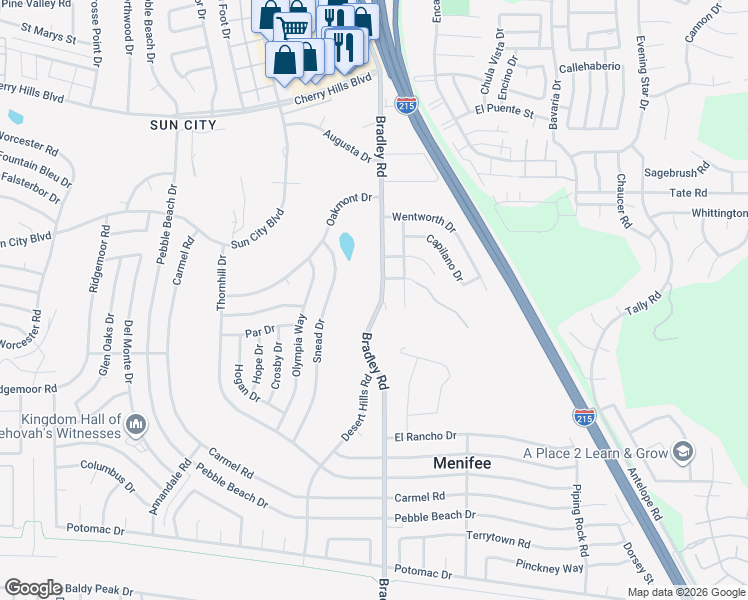 map of restaurants, bars, coffee shops, grocery stores, and more near 28777 Bradley Road in Menifee