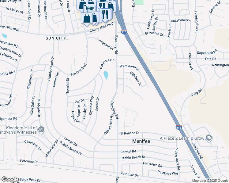 map of restaurants, bars, coffee shops, grocery stores, and more near 28777 Bradley Road in Menifee