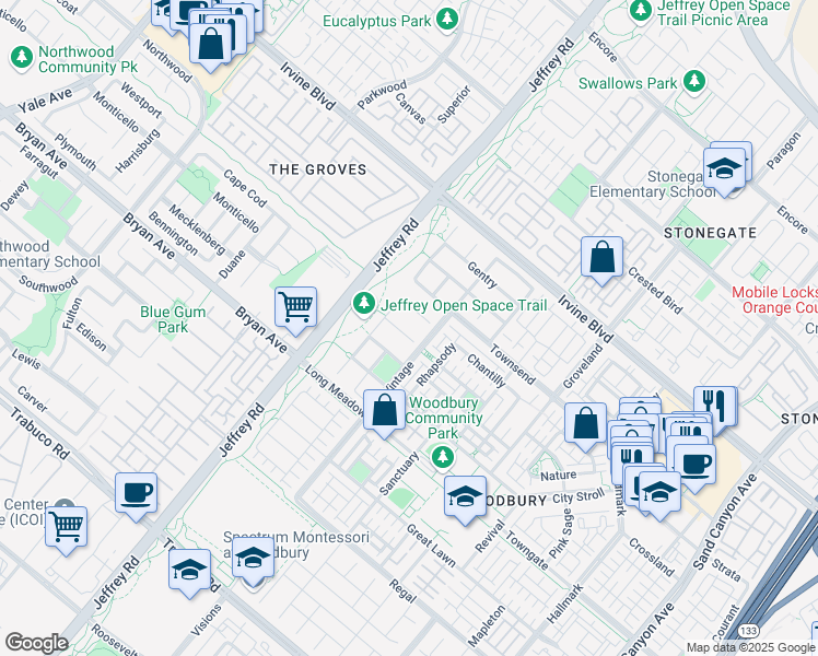 map of restaurants, bars, coffee shops, grocery stores, and more near 29 Shepard in Irvine