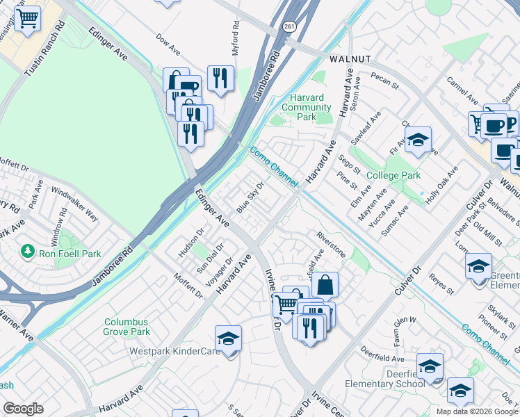 map of restaurants, bars, coffee shops, grocery stores, and more near 280 Tustin Field Drive in Tustin