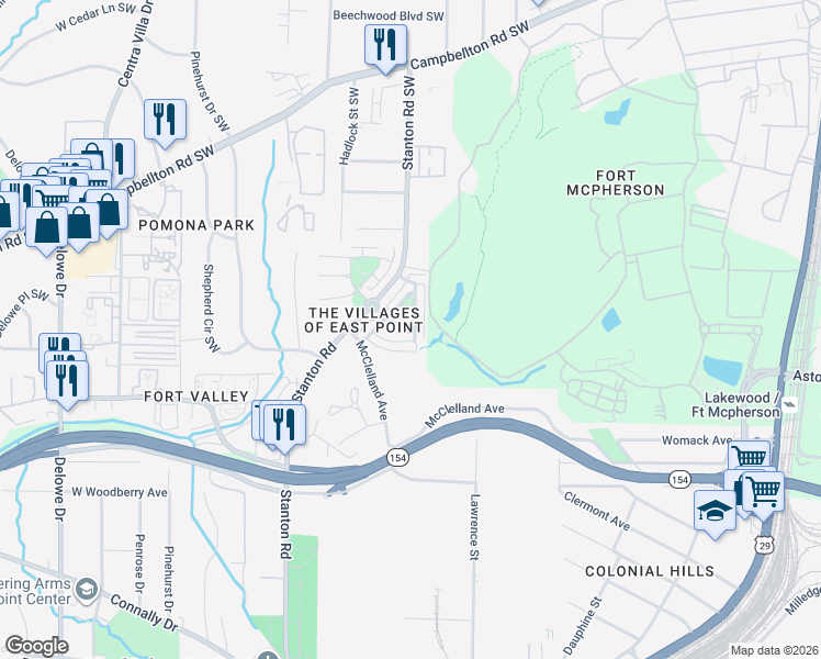 map of restaurants, bars, coffee shops, grocery stores, and more near 74 Gordon Plaza Southwest in Atlanta