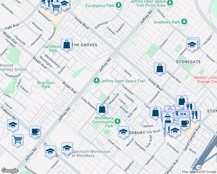 map of restaurants, bars, coffee shops, grocery stores, and more near 29 Shepard in Irvine
