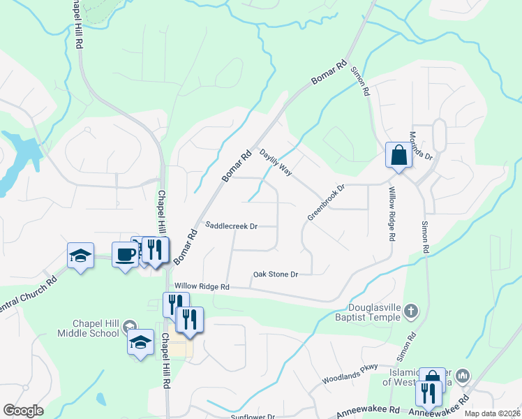 map of restaurants, bars, coffee shops, grocery stores, and more near 3866 West Bridle Court in Douglasville