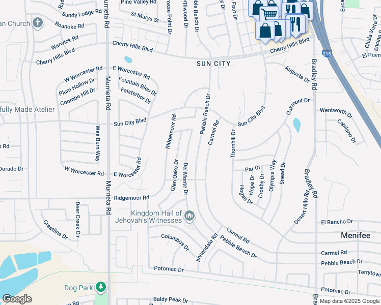 map of restaurants, bars, coffee shops, grocery stores, and more near 28790 Del Monte Drive in Menifee