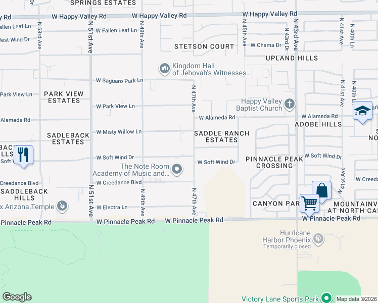 map of restaurants, bars, coffee shops, grocery stores, and more near 4702 West Soft Wind Drive in Glendale