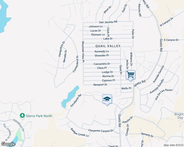 map of restaurants, bars, coffee shops, grocery stores, and more near Lodge Drive in Menifee
