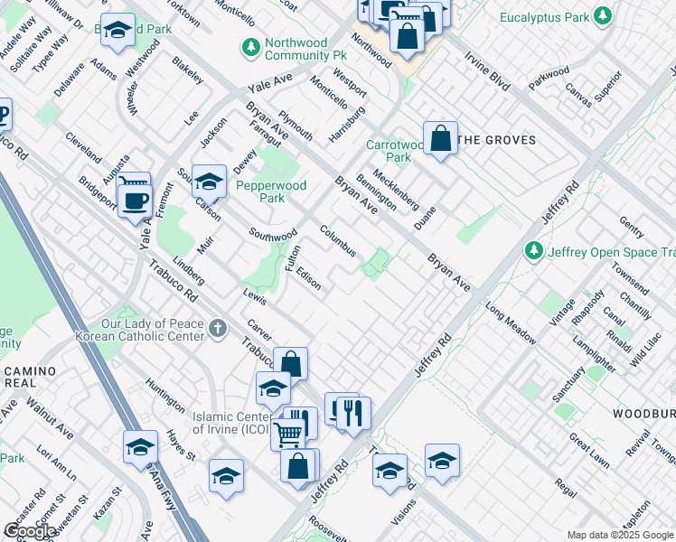 map of restaurants, bars, coffee shops, grocery stores, and more near 4 Aberdeen Street in Irvine