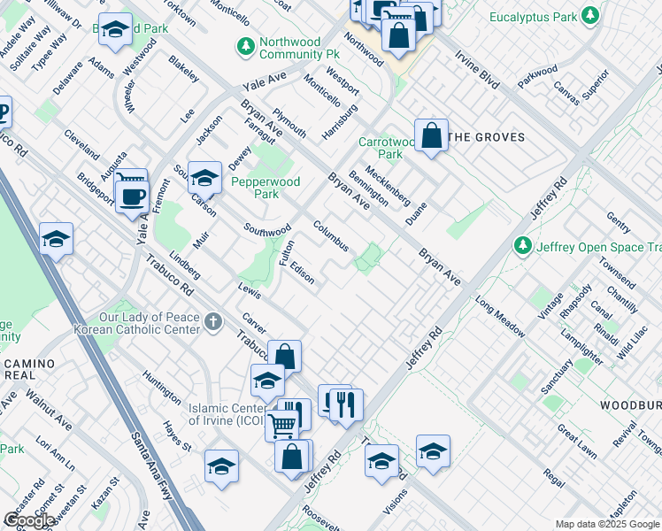 map of restaurants, bars, coffee shops, grocery stores, and more near 4 Aberdeen Street in Irvine