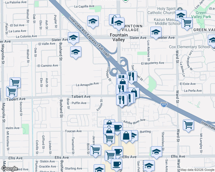 map of restaurants, bars, coffee shops, grocery stores, and more near 9889 Hamilton Avenue in Fountain Valley