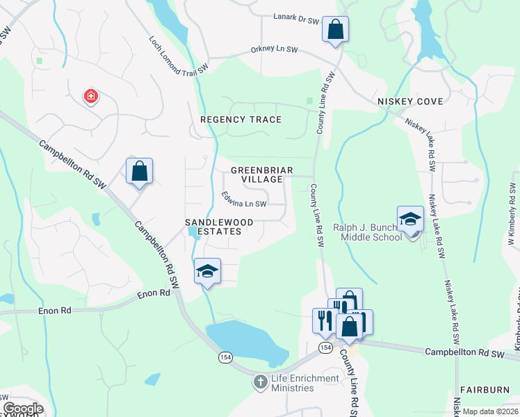 map of restaurants, bars, coffee shops, grocery stores, and more near 4667 Edwina Lane Southwest in Atlanta