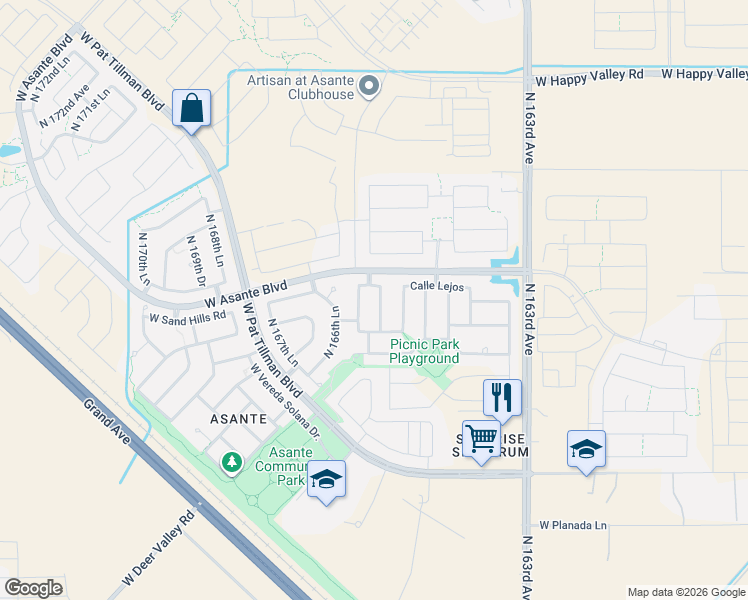 map of restaurants, bars, coffee shops, grocery stores, and more near 24128 North 165th Lane in Surprise