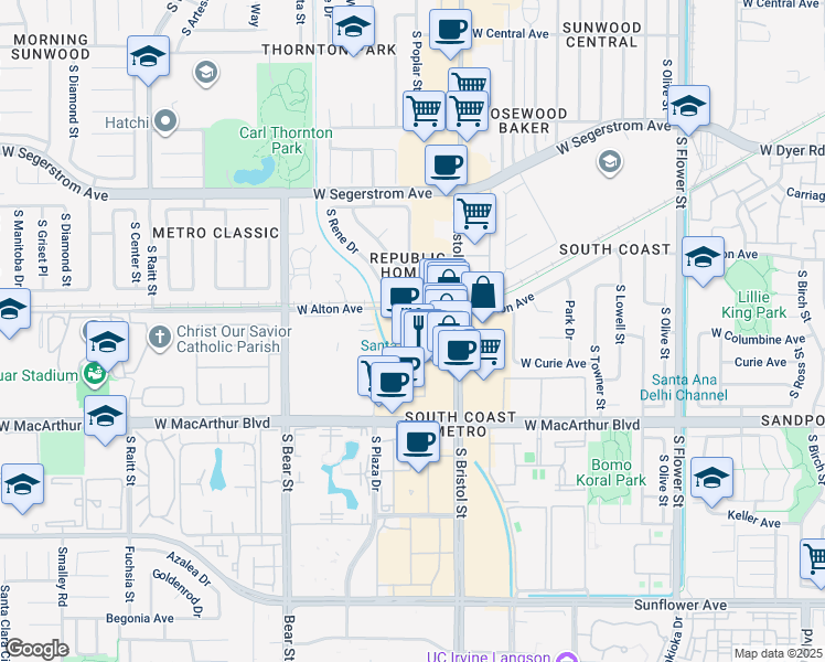 map of restaurants, bars, coffee shops, grocery stores, and more near 3300 South Bristol Street in Santa Ana