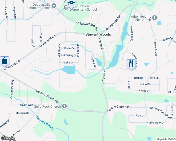 map of restaurants, bars, coffee shops, grocery stores, and more near 5295 Turtle Creek Drive in Douglasville