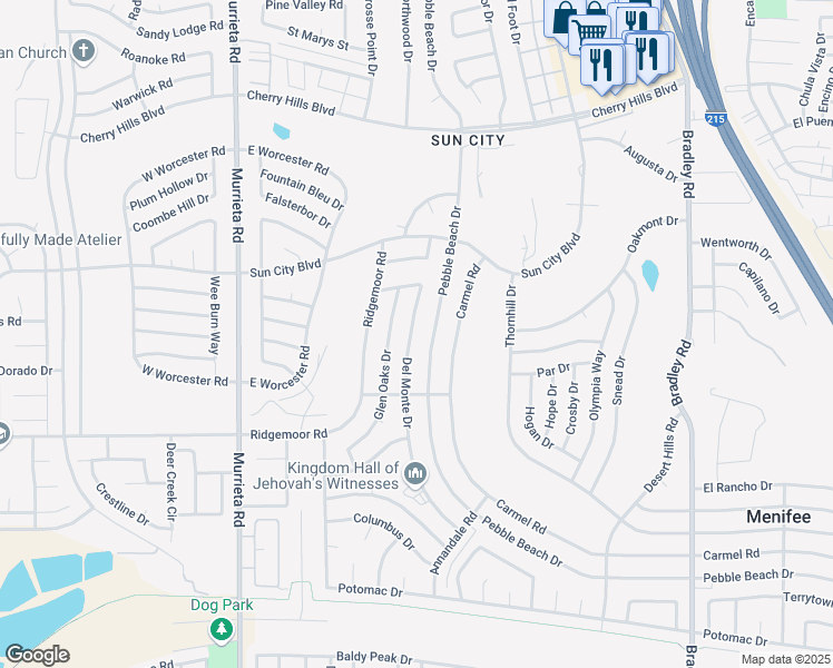 map of restaurants, bars, coffee shops, grocery stores, and more near 28790 Del Monte Drive in Menifee