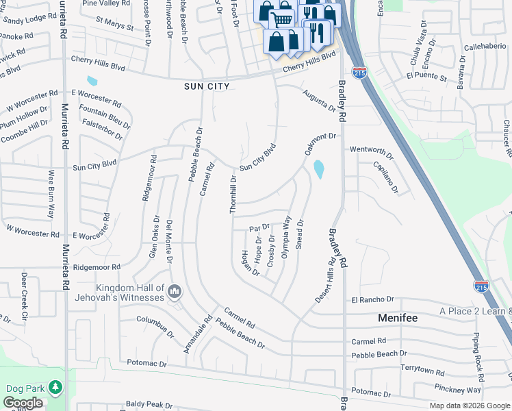 map of restaurants, bars, coffee shops, grocery stores, and more near 26671 Oakmont Drive in Menifee