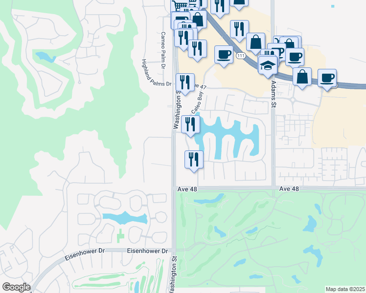 map of restaurants, bars, coffee shops, grocery stores, and more near 47647 Caleo Bay in La Quinta