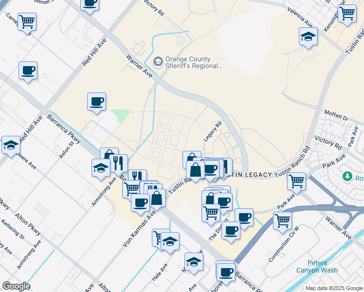 map of restaurants, bars, coffee shops, grocery stores, and more near 16289 Dawn Way in Tustin